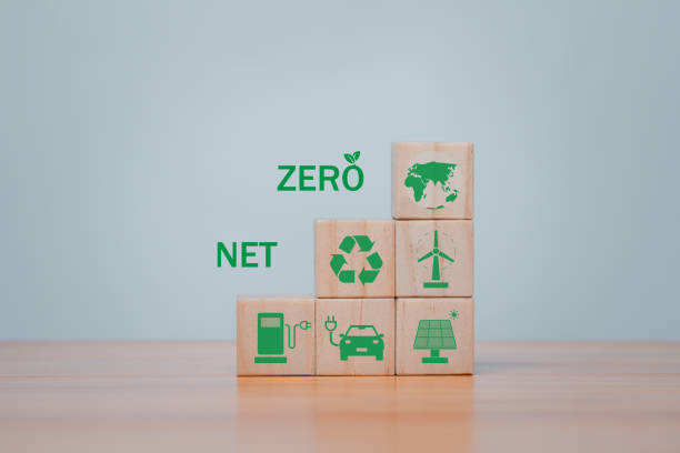 istock Wooden cubes with green net zero icon and green icon on grey background. Net zero and carbon neutral concept, plastic free, earth day, world environment day. 1861316045