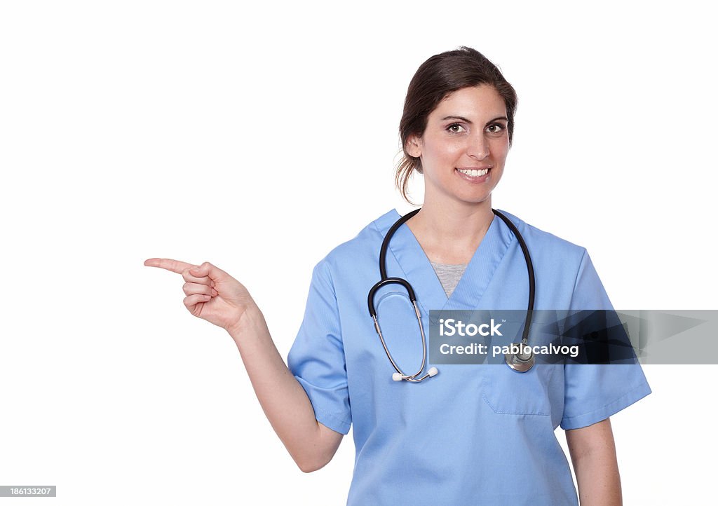 전문 간호사 미소 가리키는 자신의 금요일이요 - 로열티 프리 가리키기 스톡 사진