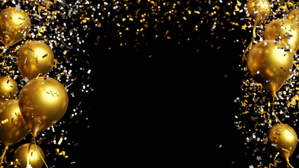 Gold balloons with foil confetti falling on black background 3d render