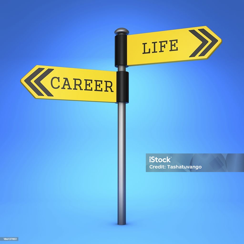Career or Life. Concept of Choice. Yellow Two-Way Direction Sign with the Words Career and Life on Blue Background. Concept of Choice. Balance Stock Photo