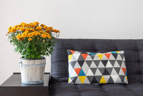 Bright cushion on a sofa, and orange chrysanthemums on a side table.