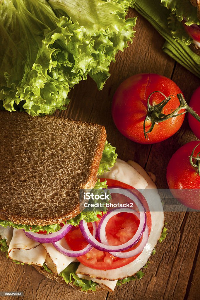 Homemade Turkey Sandwich Homemade Turkey Sandwich with Lettuce, Tomato, and Onion American Culture Stock Photo