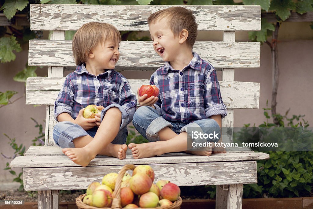 Two boys with apples, laughing Apple - Fruit Stock Photo