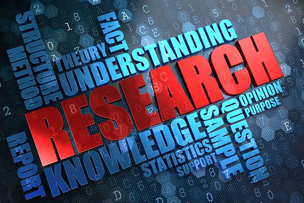 Research. Wordcloud Concept. Research - Wordcloud Concept. The Word in Red Color, Surrounded by a Cloud of Blue Words. quantitative research stock pictures, royalty-free photos & images