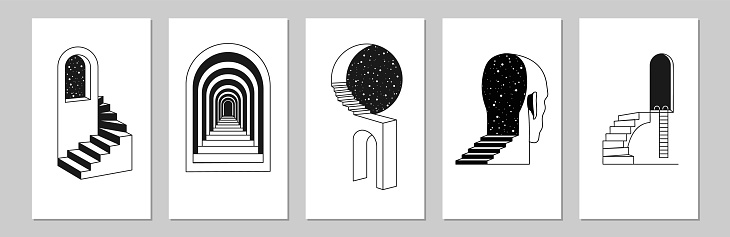 Surreal cover design, infinity posters. Line stairs and ladders sculpture elements, arch and doors monochrome universe. Minimal design cards. Geometric figure shapes, vector abstract modern banners