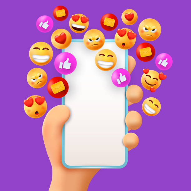 istock 3d hand hold smartphone with smiling emoji. Likes for social media profile, network online messages, socialisation group, emoticons for webmedia. Icons on screen. Vector mobile objects 1861408767