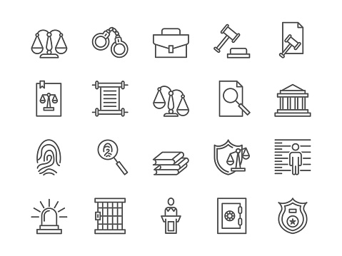 Legal line symbols. Law authority icons. Judgement investigation. Lawfulness badge. Court and arrest. Handshake and judges gavel signs. Attorneys briefcase. Vector illustration outline pictograms set