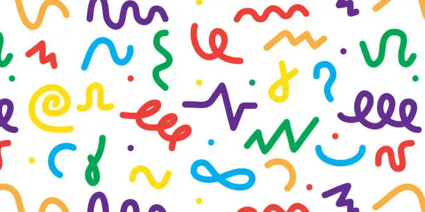 Vector illustration of 90s style kid squiggles, muster pattern. Fun color arts, child party design with confetti, doodle shapes. Funny drawings, cute childish wallpaper design. Vector seamless background