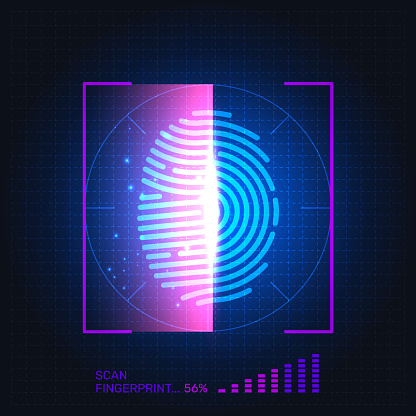 Fingerprint biometric scanner. Digital identification. Finger print scan process. Thumb fingermark. Authentication glow screen. Hand imprint technology. Identity detection. Vector illustration concept