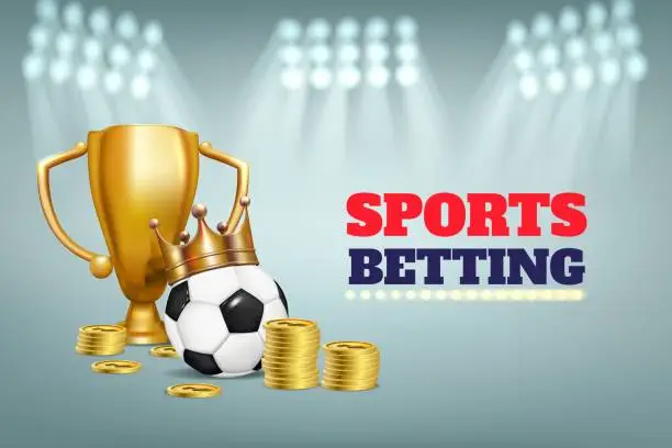 Vector illustration of 3d sport ball, win money, golden crown and goblet. Digital soccer bets, game match, winner award on football cup. Congratulation gift, first place champion. Vector banner background