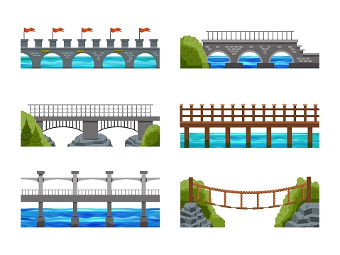 Bridges across river water. Isometric metal arch in city. Travel road landscape. Trees and building constructions. Stone and wood footbridges. Rock shores. Vector illustration scenery elements set