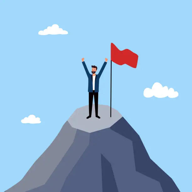 Vector illustration of Businessman climber with a flag on the top of the mountain in flat design.