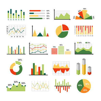 Infographic elements. Graph, chart and bar. Flat business presentation objects for financial statistics, marketing analytic, graphic diagram and market pie, money report vector trend visualization set
