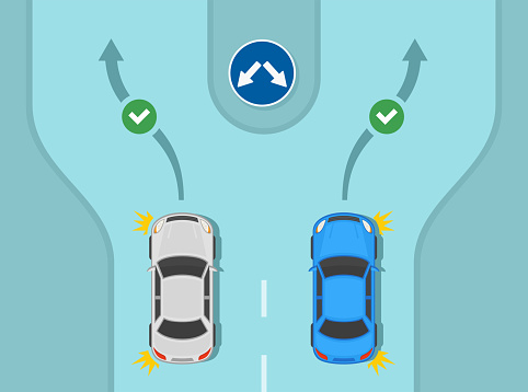 Safe driving tips and traffic regulation rules. Traffic may pass on either side of the island. Top view of a traffic flow. Flat vector illustration template.