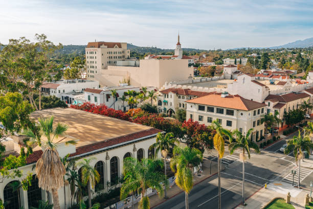 Santa Barbara Downtown, aerial view. Architecture, landscape, traffic