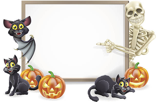 halloween-zeichen mit knochen und bat - halloween witch domestic cat frame stock-grafiken, -clipart, -cartoons und -symbole