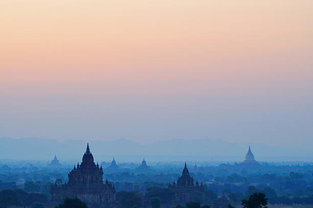 Surise over Pagodas/temples in Bagan, Myanmar stock photo