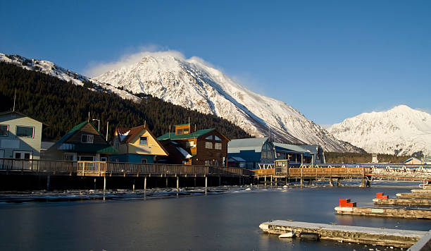 Winter Freeze Resurrection Bay Seward Alaska Docks Marina Boardwalk stock photo