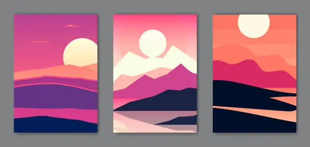 Vector illustration of Set of Abstract mountain landscape background with pink magenta colours design