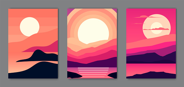 Set of Abstract mountain landscape background with pink magenta colours design