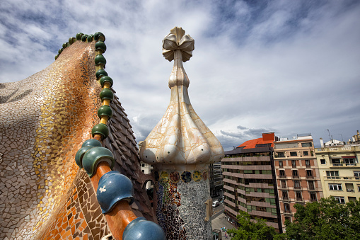 View of rooftop of Casa Batllo, on a sunny afternoon, Barcelona, Spain.