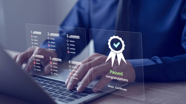 istock Businessman taking an assessment for a certificate, questionnaire, evaluation, online survey exam, filling out an online survey form answer test questions 1861517098