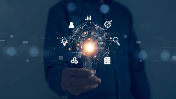 istock Businessman's hand holds a light bulb, global business internet connection application technology digital marketing Finance and digital link technology big data 1861517514