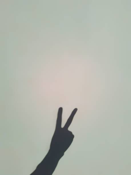 istock A human hand shadow shows a peace gesture on the white background. Monochrome. 1861522371