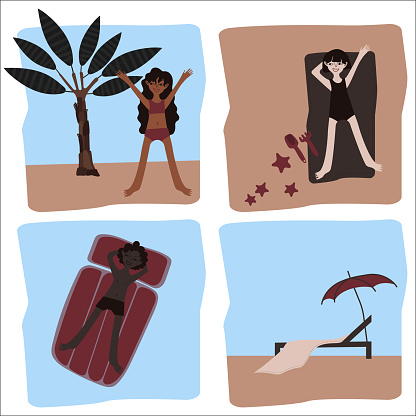 Diverse children relax on the beach. Boys and girls. Set of vector scenes with palm trees, sand, sea, ocean, pool, shells, sand castles, inflatable rings and air mattresses. Illustration for tourist brochures and resort advertising.