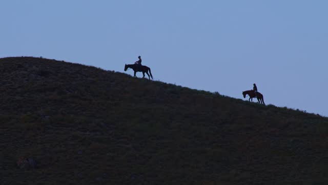 Slow motion Silhouettes of people on horseback walking along the top of the hill on the horizon line in the evening