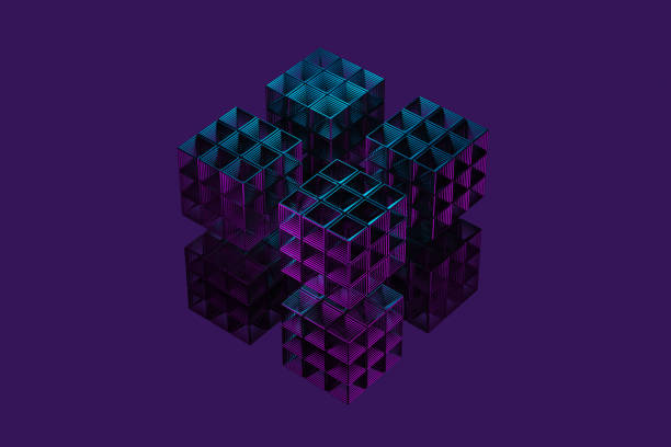 istock Close-up of a futuristic artificial intelligence cube in neon light on a purple background. 3d rendering illustration 1861557027