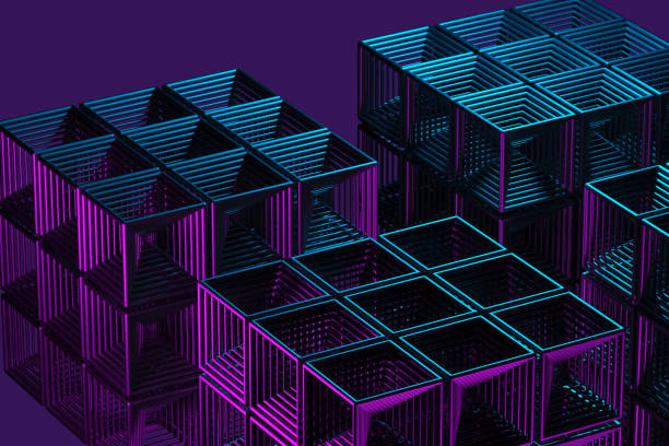 istock Close-up of a futuristic artificial intelligence cube in neon light on a purple background. 3d rendering illustration 1861557550