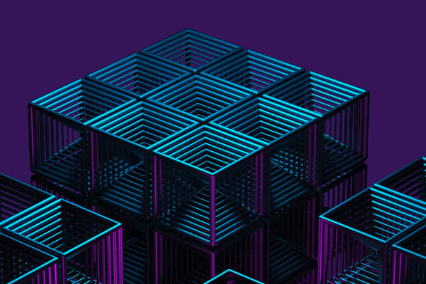 istock Close-up of a futuristic artificial intelligence cube in neon light on a purple background. 3d rendering illustration 1861557552