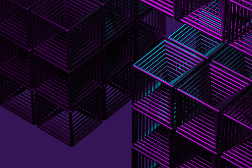 Close-up of a futuristic artificial intelligence cube in neon light on a purple background. 3d rendering illustration
