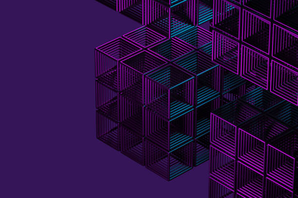 istock Close-up of a futuristic artificial intelligence cube in neon light on a purple background. 3d rendering illustration 1861558065