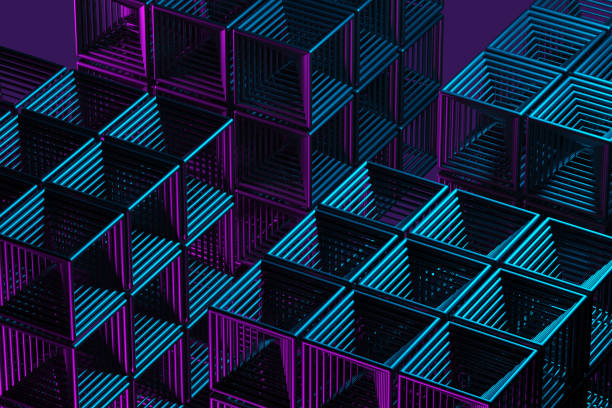 istock Close-up of a futuristic artificial intelligence cube in neon light on a purple background. 3d rendering illustration 1861558066