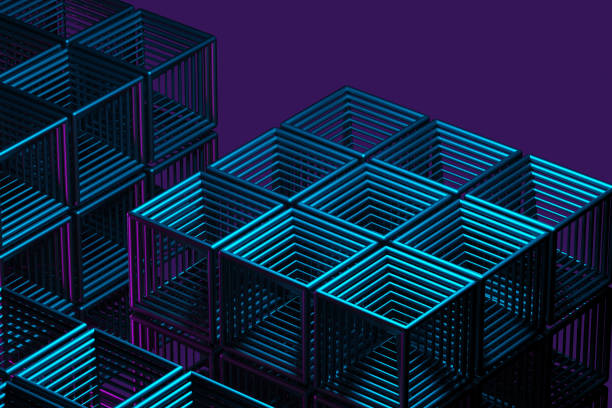 istock Close-up of a futuristic artificial intelligence cube in neon light on a purple background. 3d rendering illustration 1861558068