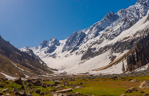 Glacial river with backdrop of Thajwas glacier in Sonmarg, Jammu and Kashmir, India
