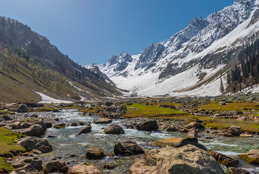 Glacial river with backdrop of Thajwas glacier in Sonmarg, Jammu and Kashmir, India