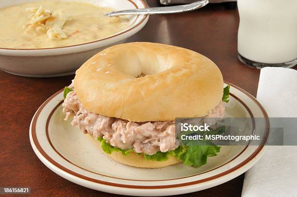 Tuna Sandwich On A Bagel With Soup Stock Photo - Download Image Now - Bagel, Bell Pepper, Bowl