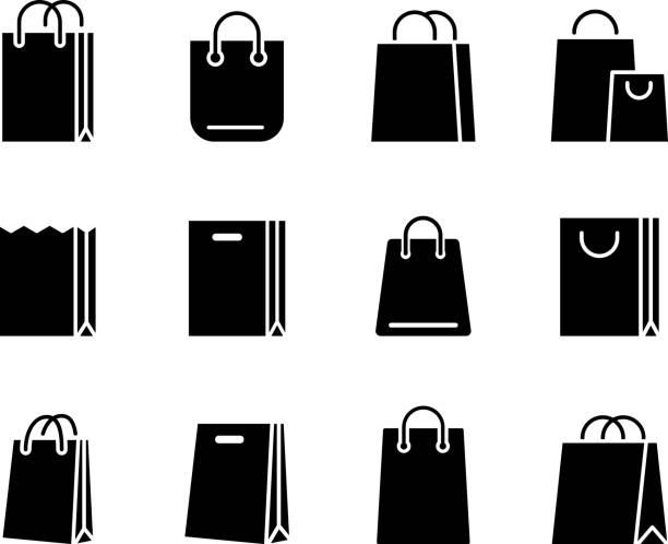 ilustraciones, imágenes clip art, dibujos animados e iconos de stock de conjunto de iconos de bolsa de papel simple vectorial - compras