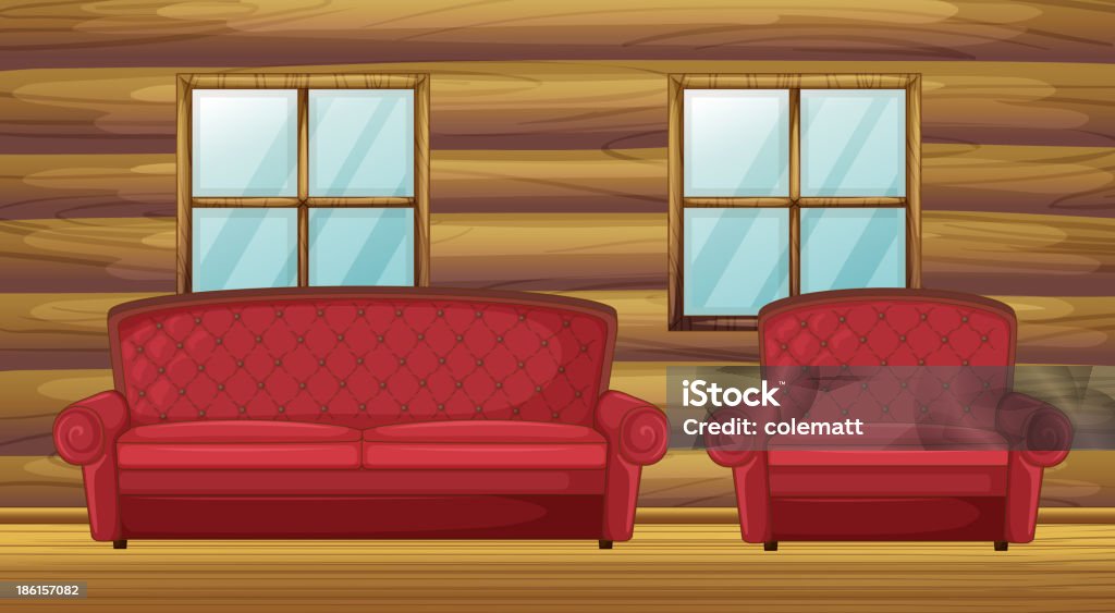 Red sofa and chair in wooden room Log Cabin stock vector
