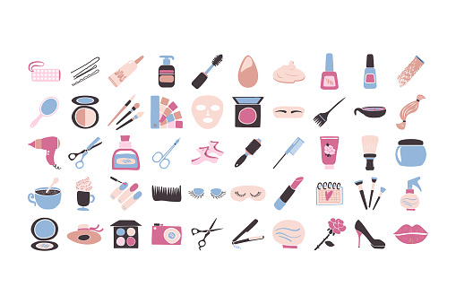 Beauty service big set. Cosmetic bag, cream, makeup, nail polish, foundation, spa salon, comb, manicure, pedicure, eyebrow tinting. Beauty care items in spa salon. Vector isolated on white background