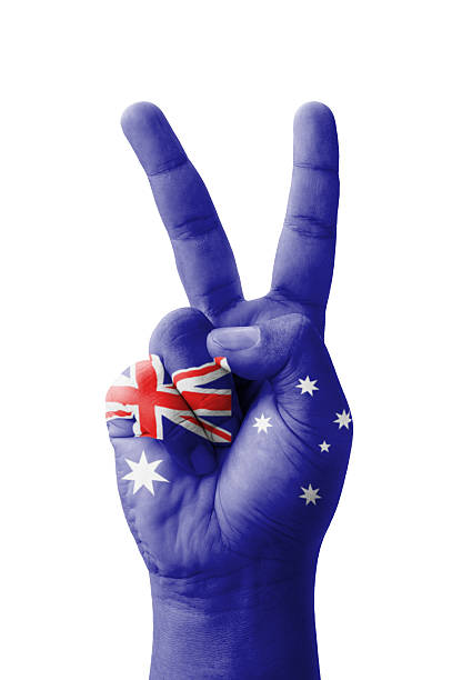 istock Hand making the V sign, Australia flag painted 186157773