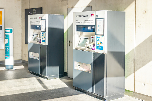 Paris, France - September 09, 2023 : RATP and SNCF automatic ticket machine for the Paris metro and RER networks