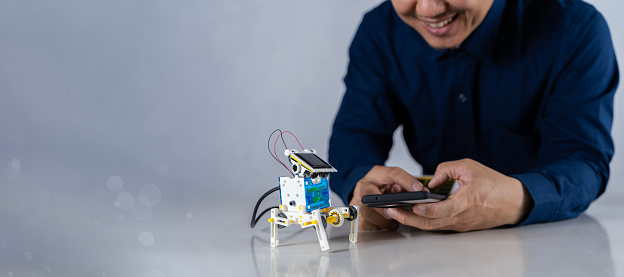 Robot Technology And Stem Education Class Concept Robots With Bright ...