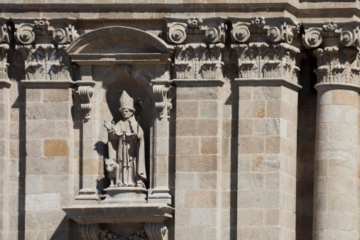 Sculpture of saint Froilan on the Neoclassic front of this ancient catholic cathedral, recently restored.