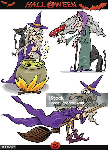 Set Di Halloween Spettrale Temi Fumetto - Immagini vettoriali stock e altre immagini di Allegro - Allegro, Bollitore, Cappello