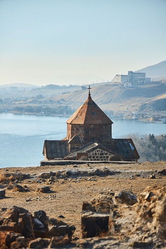 Sevan, Armenia - January 05, 2023: The famous ancient monastery of Sevanavank on the shore of Lake Sevan
