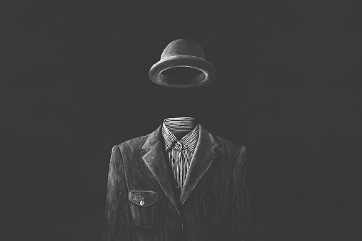 Illustration of invisible man with bowler total black, surreal concept of absence of identity